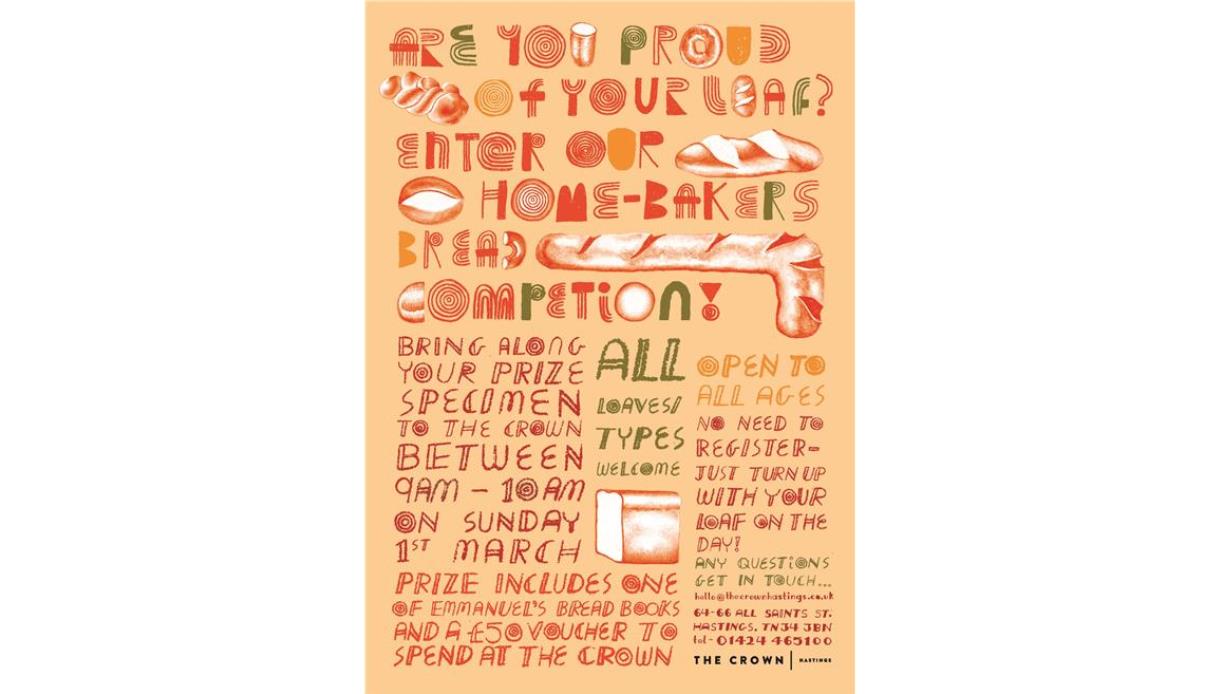 Poster for a home-bakers bread competition at The Crown in Hastings, featuring illustrated loaves and event details.