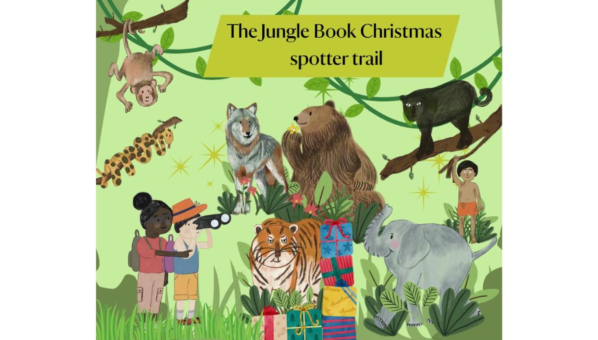 Image is an animation drawing of different animals including a brown monkey, a wolf, a snake, a brown bear, a tiger and an elephant as well as 2 peopl