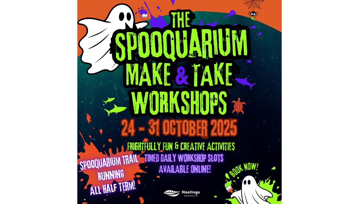 Image reads: 'THE SPOOQUARIUM - MAKE & TAKE WORKSHOPS - 24-31 OCTOBER 2025 - FRIGHTFULLY FUN & CREATIVE ACTIVITIES - TIMES DAILY WORKSHOP SLOTS - AVAI