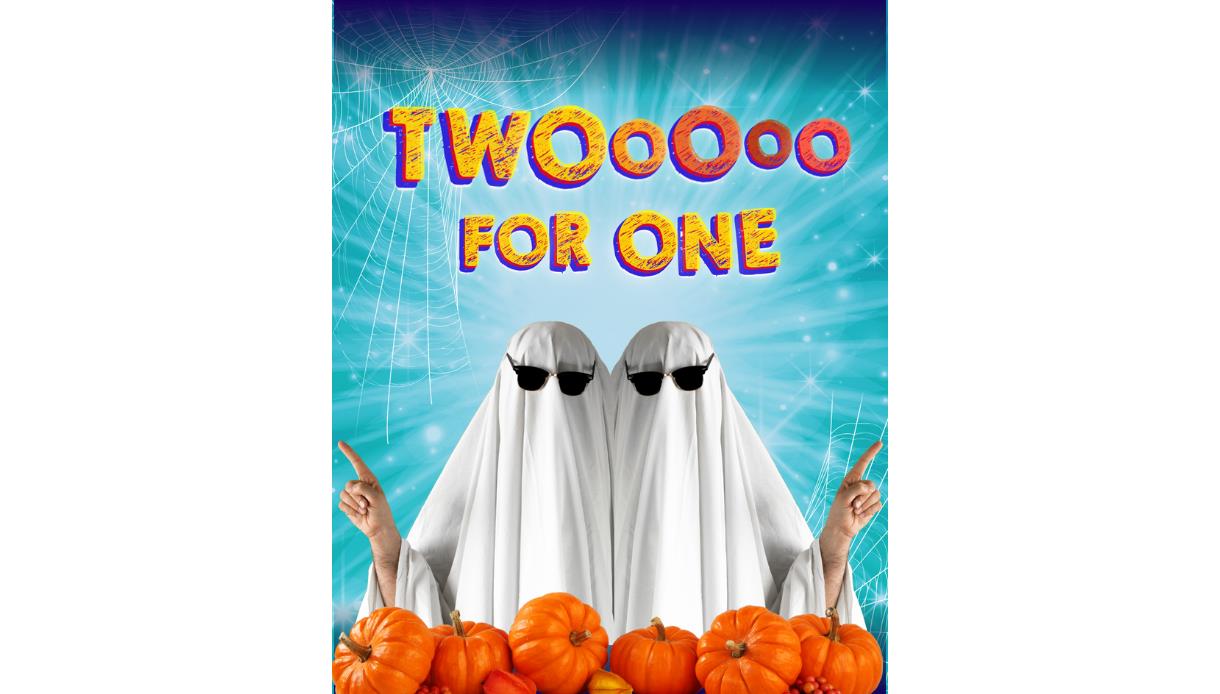 Image shows two people with white sheets over them dressed like ghosts with sunglasses on. The bottom of the image has pumpkins scattered across. Text