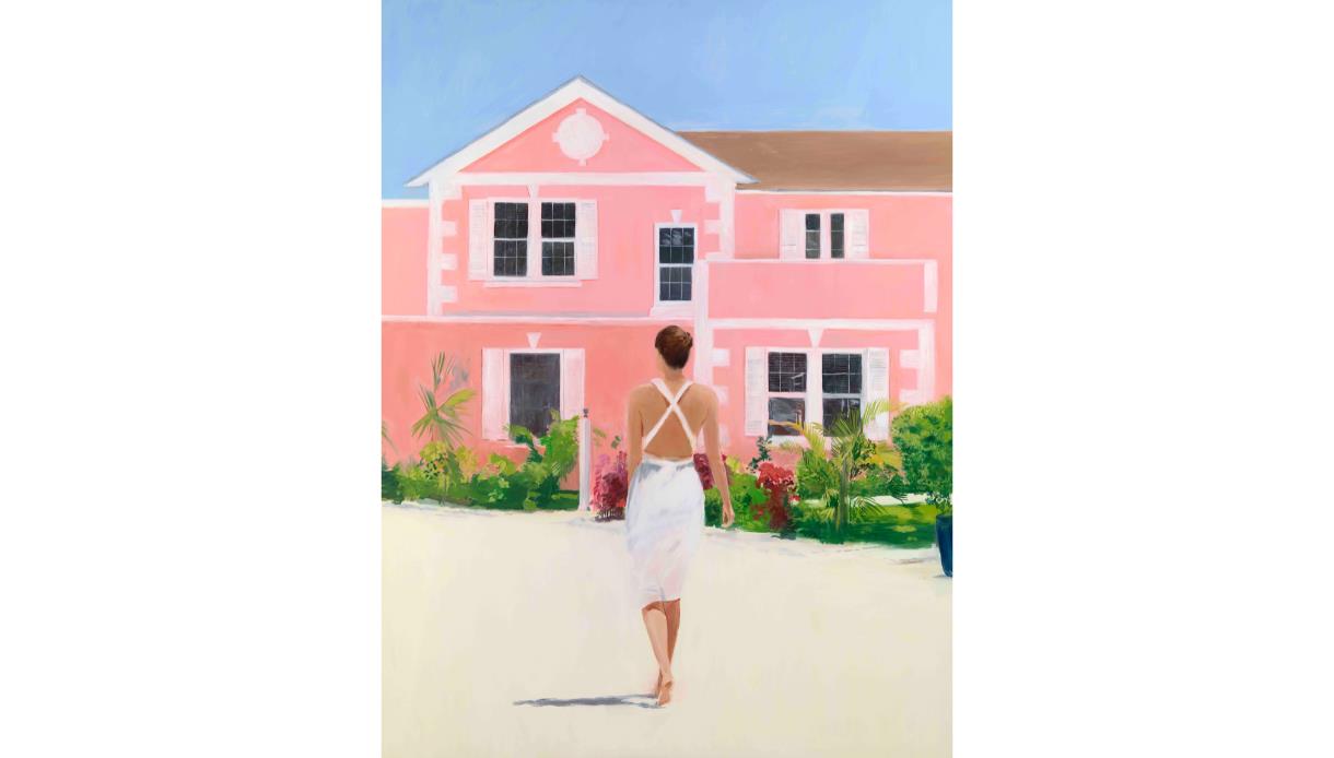 Painting of a person in a white dress walking toward a large pink house with green plants under a clear blue sky.