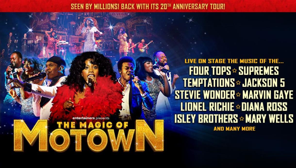Concert poster for The Magic of Motown, showing energetic singers on stage with a list of classic Motown artists and hits.