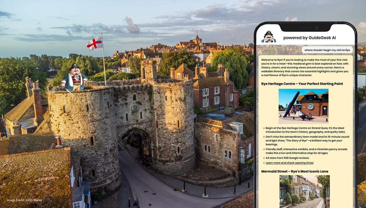 scenic aerial view of Rye, a historic town in East Sussex, England. The foreground shows the medieval stone gateway known as Landgate, with two round
