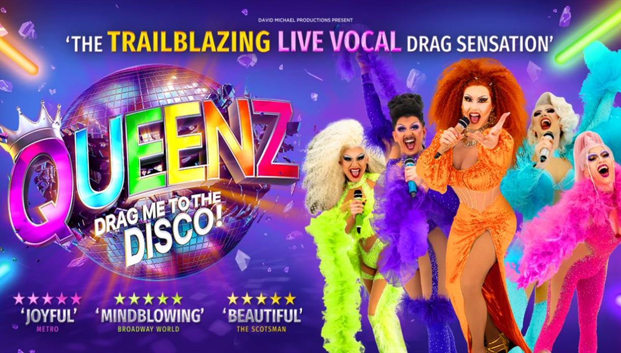 Vibrant poster for Queenz: Drag Me to the Disco, showing glamorous drag performers in bright outfits against a disco-themed backdrop.