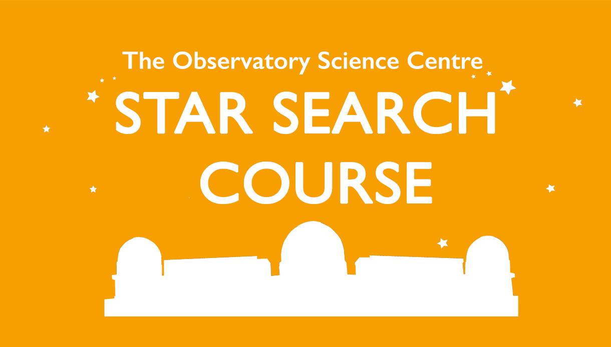orange poster with silhouette of observatory for star search course at herstmonceux