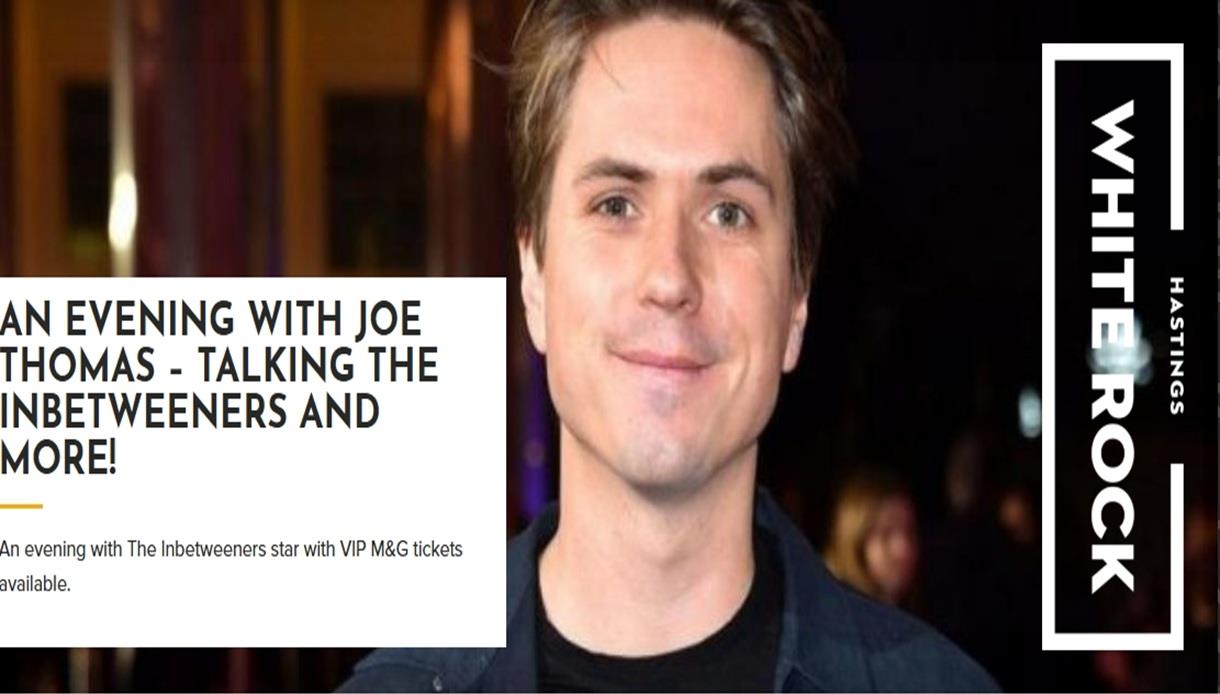 Event poster with a close-up of a person beside text promoting an evening talking The Inbetweeners, with White Rock Hastings logo.