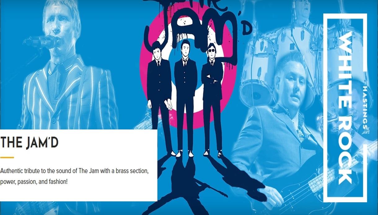 Promotional graphic for The Jam’d, featuring a blue montage of musicians and band artwork, with White Rock Hastings branding