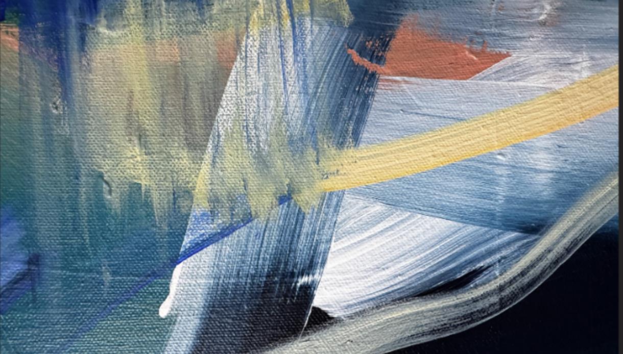 Abstract painting with sweeping blue, white, yellow, and orange brushstrokes creating layered texture.