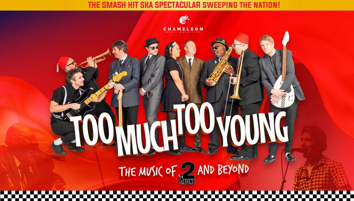 Ska band holding instruments on a red backdrop with the title ‘Too Much Too Young’ promoting a music show.