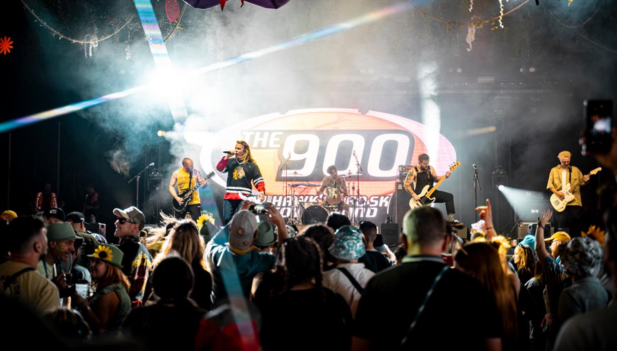 A band performs on a brightly lit stage as a large crowd watches during a lively concert.