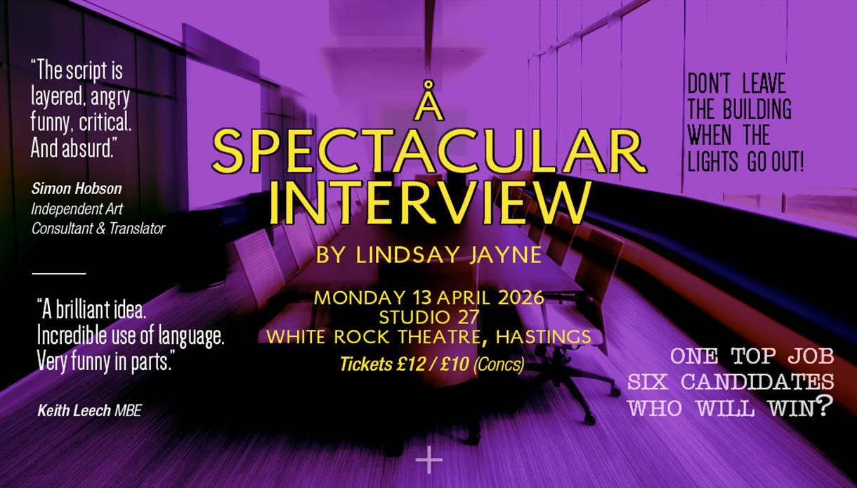 Poster for the play ‘A Spectacular Interview,’ showing a purple-lit boardroom with event details and review quotes.