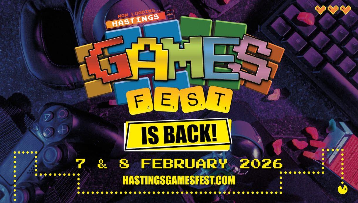 Bright poster for Hastings Games Fest 2026 featuring gaming controllers and event dates of 7–8 February.