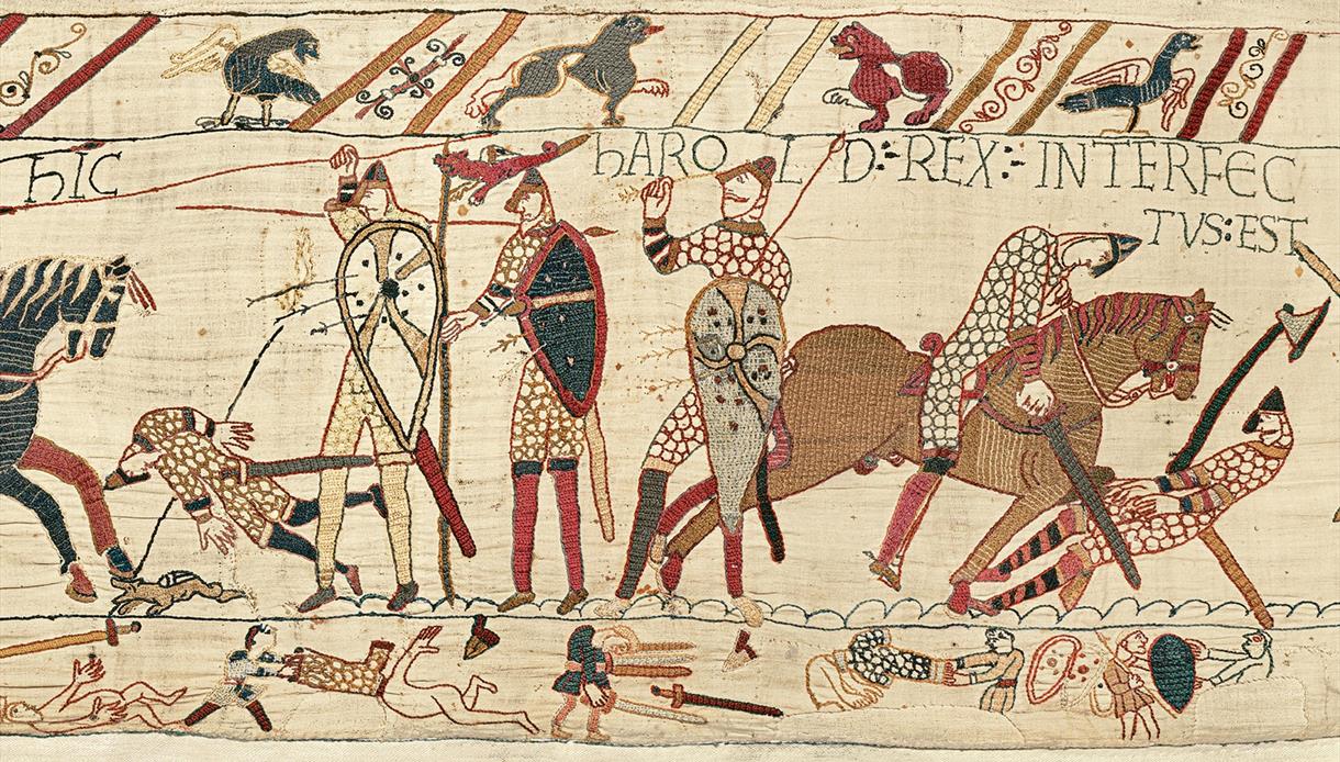 Scene from the Bayeux Tapestry showing armed Norman and Anglo-Saxon warriors in battle during the Norman Conquest.