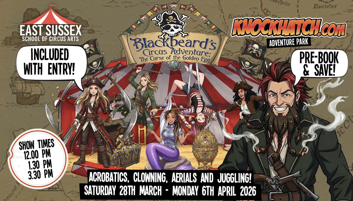 Pirate‑themed circus show poster featuring performers, acrobatics, juggling, and event details for Knockhatch Adventure Park.