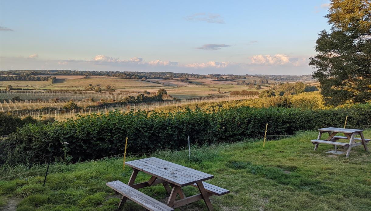 picnic bench overlooking country fields