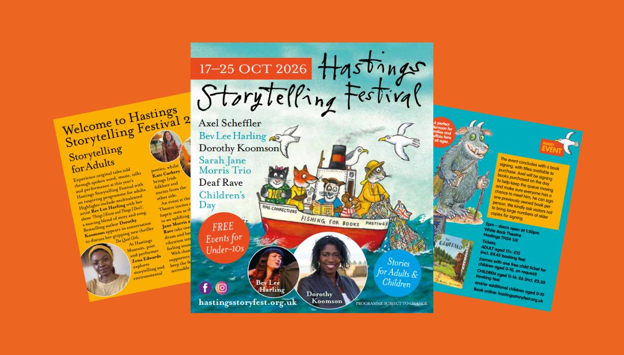 Promotional artwork for Hastings Storytelling Festival 2026 featuring event programme pages and illustrated characters.