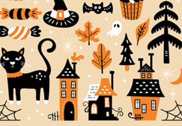 halloween graphics with cat, house and autumn leaves