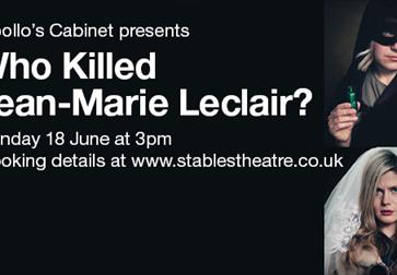 poster with black background. White title says "Who Killed Jean-Marie Leclair? Photographs of characters including a bride in a veil.
