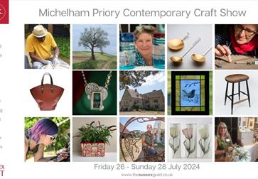 poster for Michelham Priory Sussex Guild Craft Show. Shows photograph of leatherwork, frames, jewellery, furniture and painting.