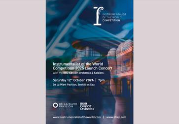 poster for Instrumentalist of the World competition with photograph of the De La Warr Pavilion
