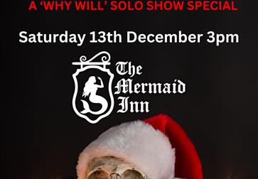 Poster for a theatre event titled “Shakespeare & Christmas: A ‘Why Will’ Solo Show Special.” The background is black with white and red text. At the t