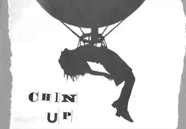 a painting of a woman hanging from a balloon with the caption 'chin up'