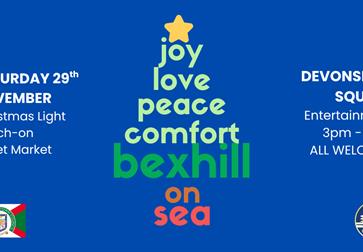 Poster reads: "Saturday 29th November, Christmas Light Switch-On Street market. Devonshire Square, entertainment, 3pm-7pm, All welcome". There is also