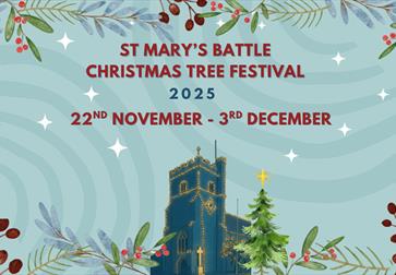 Image is a poster for the event. Text reads: ST MARY'S BATTLE CHRISTMAS TREE FESTIVAL 2025. 22ND NOVEMBER - 3RD DECEMBER. The image shows an animation