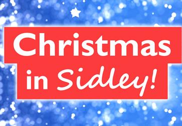 Text reads 'Christmas in Sidley' with a red outline. The background is blue with speckles of snow.