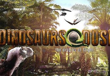 Picture shows an image of a rainforest with multiple dinosaur figures in view. Writing says: "Dinosaurs @ Dusk, the origins of light"
