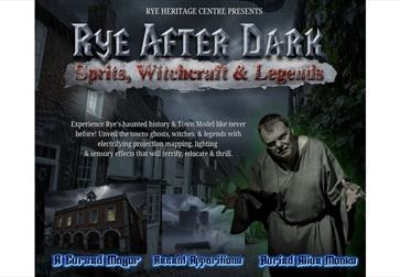 Image is a poster for Rye After Dark that shows animations of Rye at night time, with a spooky feel and a person who looks haunted. It reads: 'Rye Aft