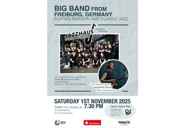 Image reads “BIG BAND FROM FREIBURG, GERMANY. PLAYING MODERN AND CLASSIC JAZZ. Followed by a picture of the group all in black branded t-shirts. Follo