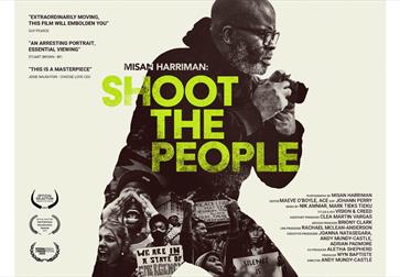 Dark, textured poster with the words “Shoot the People” in bold, worn red type taking up the majority of the page. The style is stark and moody, evoki