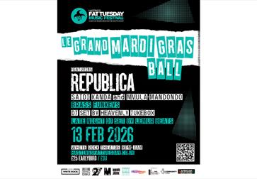 he Hastings Fat Tuesday Music Festival. The design features a black background with bold turquoise and white text. At the top left, the festival logo