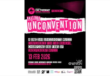 A bold and vibrant event poster for the Hastings Fat Tuesday Music Festival. The background is black with bright pink and white text elements. At the