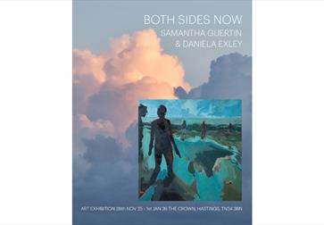 Minimal poster for an art exhibition. Large pale text at the top says “BOTH SIDES NOW,” followed by “Samantha Guertin & Daniela Exley.” Background sho