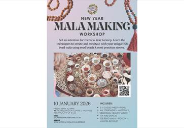 Poster for New Year Mala Making Workshop on 10 Jan 2026 in Hastings with beads and event details.