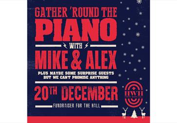 A festive event poster with a dark blue background decorated with small white snowflakes and silhouettes of two reindeer and a Christmas tree at the b