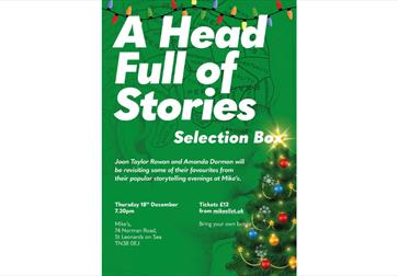 Poster titled 'A Head Full of Stories Selection Box' with event details and a decorated Christmas tree.