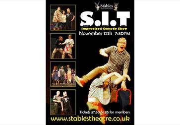 Minimal theatre poster reading “sit” in bold lowercase, promoting a show at The Stables Theatre on a clean, neutral background.