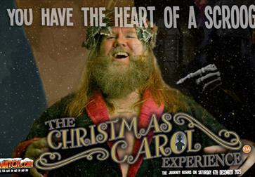 Accessible description: A cheerful holiday character in green robes, red trim, and a holly wreath smiles at the viewer while snow falls. On the right