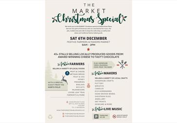 A festive promotional poster for “The Market Christmas Special” at Ashburnham Place. The background is light beige with green and red decorative accen
