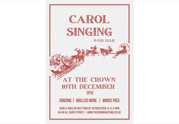 Poster for Carol Singing at The Crown on 10 Dec, featuring Santa’s sleigh and event details.