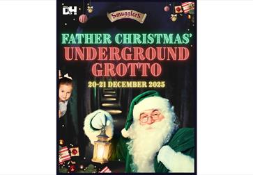 Promotional graphic for a holiday event. Foreground: Father Christmas in green, smiling and lifting a lantern. Background: narrow underground hallway
