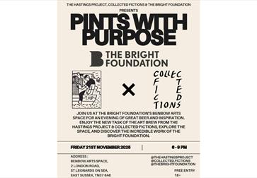 Cream background, dark text event flyer. Main headline: “Pints With Purpose.” Subhead: “The Bright Foundation.” Central row features partner marks: TH