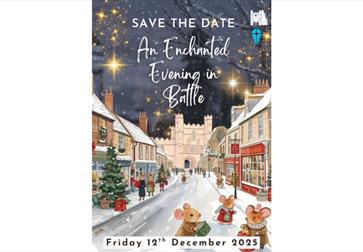 Save the date poster for “An Enchanted Evening in Battle” on 12th December, with festive street and starry sky.
