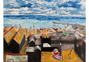 Impressionistic seaside image of Hastings, painted with thick brushstrokes. In the foreground, dark wooden sheds with slanted roofs sit on golden-brow