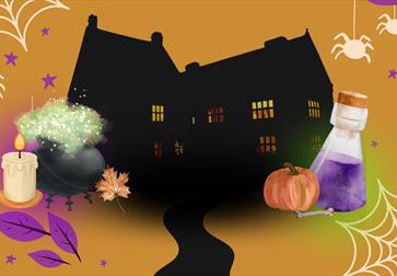 Image shows a cartoon image of Michelham priory decorated for Halloween with spiders webs, pumpkins and candles
