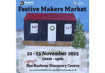 Event flyer with a hand-painted winter scene: a dark hut with a red roof sits in snow; door has a wreath, windows with star motifs, and a lit Christma