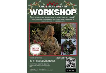 Poster for a Christmas wreath workshop with photos of wreaths, event details, price and a QR code.